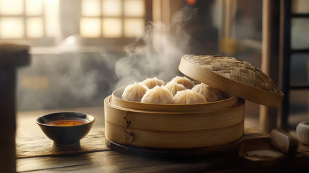 Close-up of steaming shrimp dumplings with bamboo lid tilted beside and dipping sauces blurred in backgroundの素材