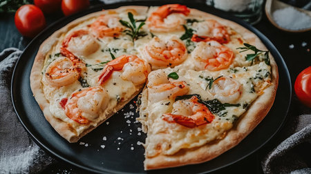 Gourmet shrimp pizza on a black plate with sea salt flakes and a linen napkinの素材