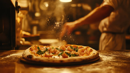 Shrimp pizza fresh from the oven, sitting on a warm wooden counter with flour dustの素材