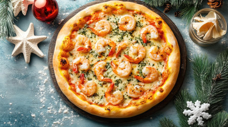 Seafood-themed pizza night setup with shrimp pizza in the center, surrounded by coastal decorの素材