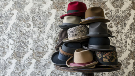 Stack of assorted fashion hats on a vintage hat stand in front of a patterned wallpaperの素材