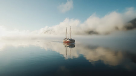 Overhead photo of a ship with gentle sea swells beneath it and clouds reflecting on waterの素材