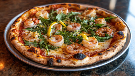 Gourmet shrimp pizza with white sauce, arugula, and lemon zest on a marble tableの素材