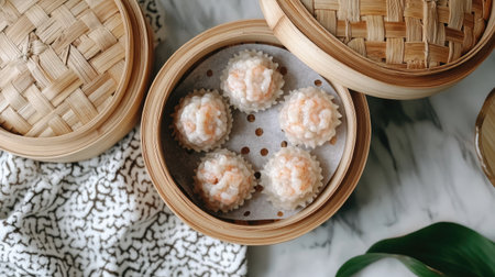 Flat lay of bamboo steamers stacked, top one open showing shrimp dumplings neatly arrangedの素材