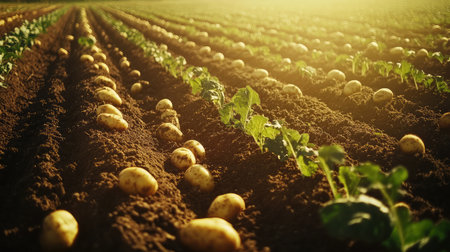Aerial top-down shot of freshly tilled potato field with hints of golden potatoes against the dark brown soilの素材