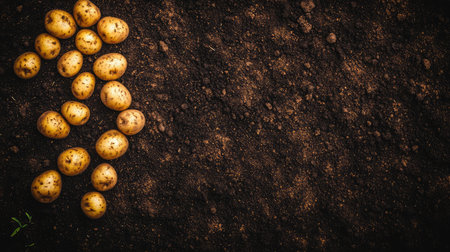 Aerial view of rural potato fields, rich soil lines framing the freshly unearthed potatoes scattered in furrowsの素材