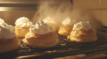 Coconut cream puffs glowing under warm kitchen lighting, smooth white cream piped on topの素材