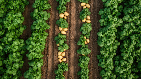 Aerial view of potato fields with neat rows of turned soil revealing clusters of golden tubers peeking through the earthの素材