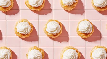 Cream puffs filled with coconut custard and topped with white frosting, neatly aligned on ceramic tileの素材