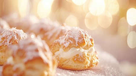 Delicious coconut cream puffs arranged in a line with glossy white topping reflecting warm lightの素材