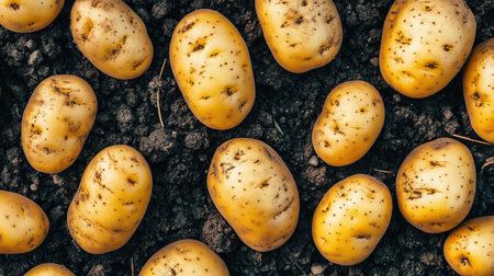 Mid-harvest potato field from the sky with repeating lines of dirt ridges and visible golden produceの素材