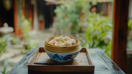 Traditional presentation of shrimp dumplings in bamboo steamer on tea tray with soy dishの素材