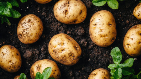 Geometric layout of potato fields with rows disturbed for harvesting, tubers scattered across the surfaceの素材
