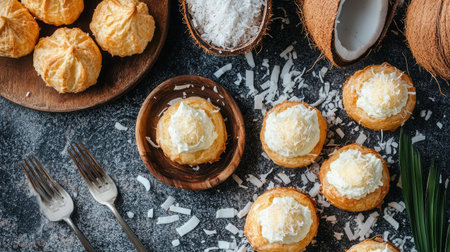 Rustic flat lay of coconut cream puffs beside fresh coconut, shavings, and dessert forksの素材