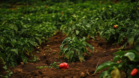 A small chili pepper field with red and green peppers contrasting vividly against the dark green leaves and soil belowの素材