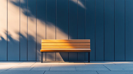 Clean modern design at a transport station with a single wooden bench surrounded by cool tones and straight linesの素材