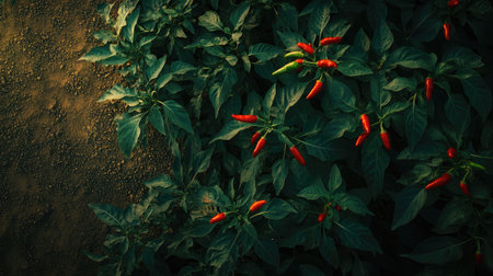 A small chili pepper field with red and green peppers contrasting vividly against the dark green leaves and soil belowの素材