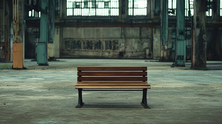 Wide, clean frame of an industrial public space with wooden bench as a focal point of calmの素材