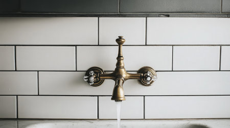 A vintage-style brass tap mounted on white subway tiles, with droplets forming at the tipの素材
