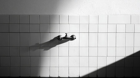 A lone faucet casting a long shadow against a white tiled wallの素材