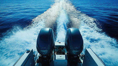 A stern view of a fishing boat with dual engines perfectly centered against a deep blue seaの素材
