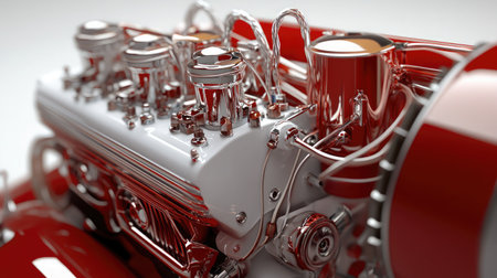 Boat engine with open cowling exposing wires, pistons, and internal moving partsの素材