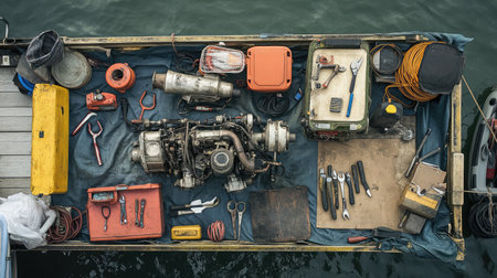 Dockside maintenance scene with tools and boat engine disassembled on a tarpの素材