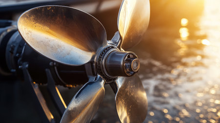 Isolated close-up of a boat engine propeller with light bouncing off its metallic surfaceの素材