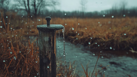 Outdoor campsite tap on a wooden post with droplets falling onto dry grassの素材