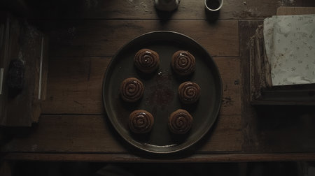 Overhead view of a tray of cinnamon rolls topped with glaze, arranged neatly in a metal panの素材