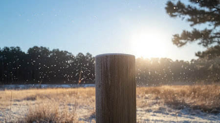 Outdoor campsite tap on a wooden post with droplets falling onto dry grassの素材