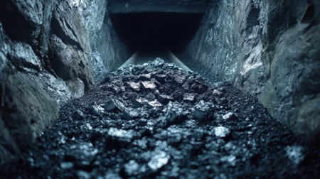 Coal dropping from a height onto a secondary conveyor belt deep inside the mining chamberの素材