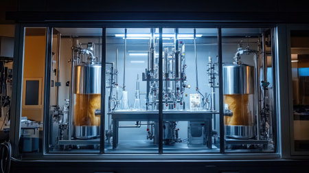 Glass-walled biolab showing equipment involved in meat-free protein synthesisの素材