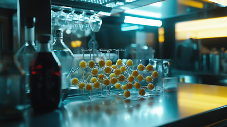 Scientific molecular models beside meat-free protein samples in a futuristic labの素材