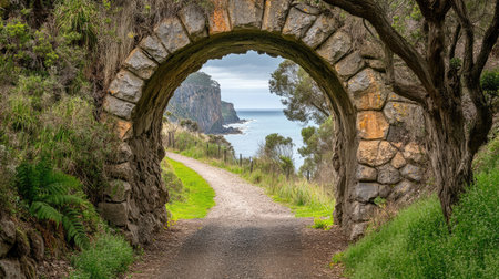 Tunnel exit in the distance as conveyor belt hauls coal toward the surface through jagged rockの素材