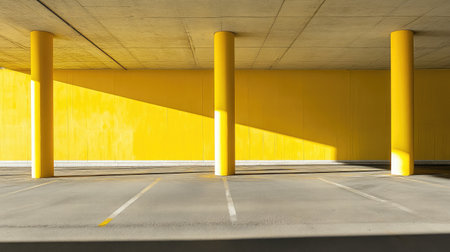 Abandoned empty parking lot in sunlight with striking yellow pillars in orderly rowsの素材