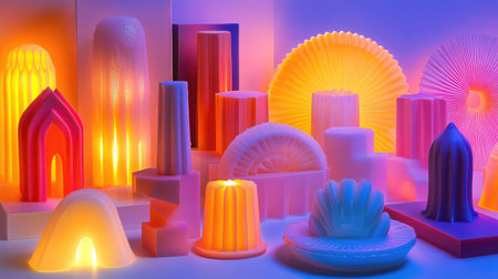 Assorted silicone molds in bright colors displayed under soft kitchen lightingの素材