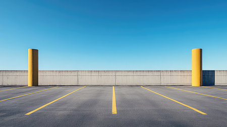 Bright cloudless sky over empty parking lot with industrial yellow columns and concreteの素材