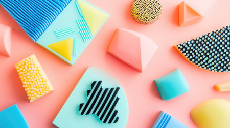 Brightly colored silicone molds in geometric designs on a textured backgroundの素材