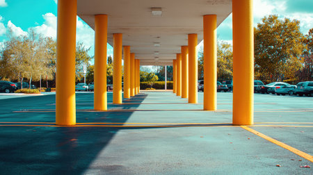 Clear perspective view down empty parking lanes flanked by vivid yellow pillars and sunny skyの素材
