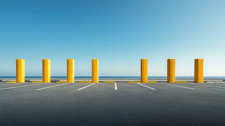 Bright cloudless sky over empty parking lot with industrial yellow columns and concreteの素材
