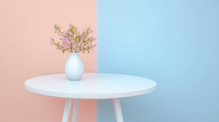 Small white TV table set against a pastel wall with a simple decorative vaseの素材