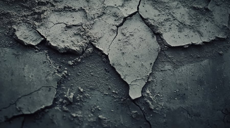 Macro view of fractured cement wall revealing rugged textures and gritの素材