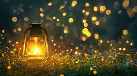 Lantern resting on vibrant park grass, illuminating the dark cityscape with soft golden glowの素材