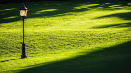 Single lantern casting a warm spotlight on fresh green grass surrounded by urban shadowsの素材