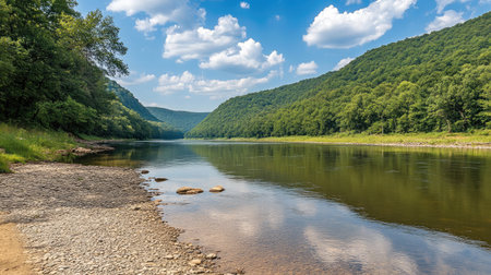 Calm mountain river stretching across a valley floor beneath a blue skyの素材
