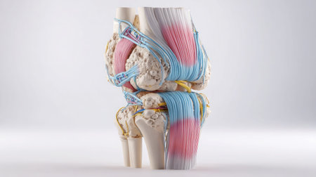 A D-rendered knee joint with highlighted cartilage and tendons, isolated on a white backdropの素材