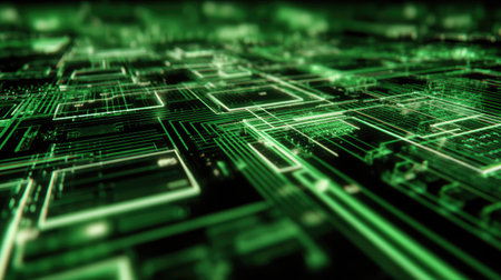Digital green circuit board pattern as a futuristic tech-style backgroundの素材