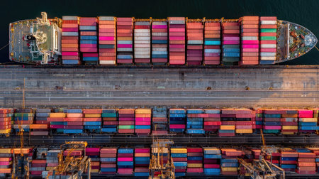 This aerial image showcases a vibrant array of shipping containers stacked at a busy port, highlighting the scale and complexity of modern logistics and trade.の素材