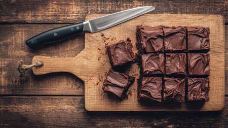 A tempting arrangement of freshly baked chocolate brownies, topped with smooth frosting, displayed on a rustic wooden cutting board alongside a knife.の素材